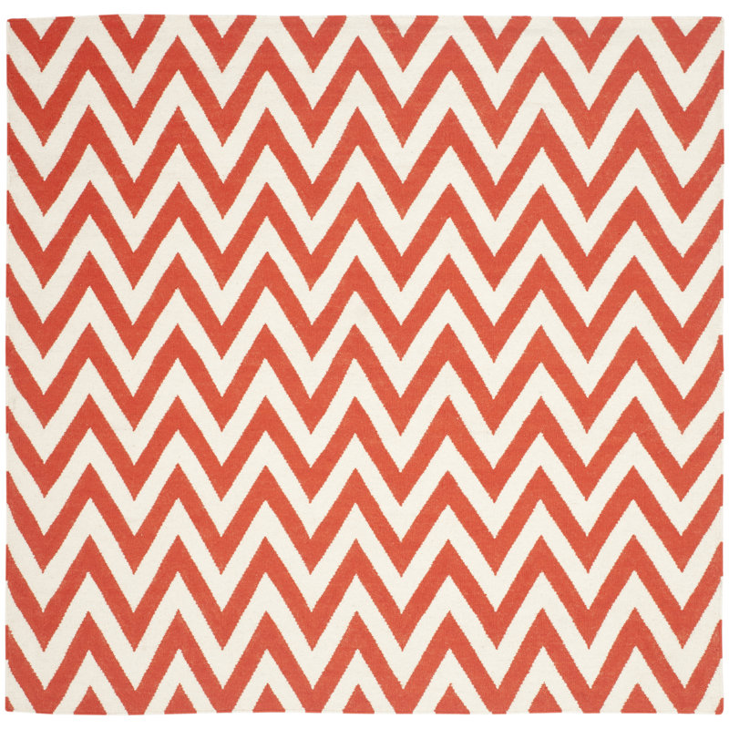 Rodgers Hand Woven Flat Weave Wool/Cotton Chevron Rug in Red/Ivory, Square 6'