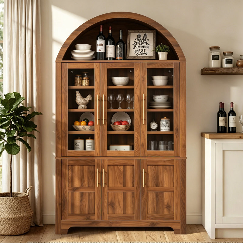 Garde-manger arqué Farmhouse avec portes en verre et tablettes réglables, Brown