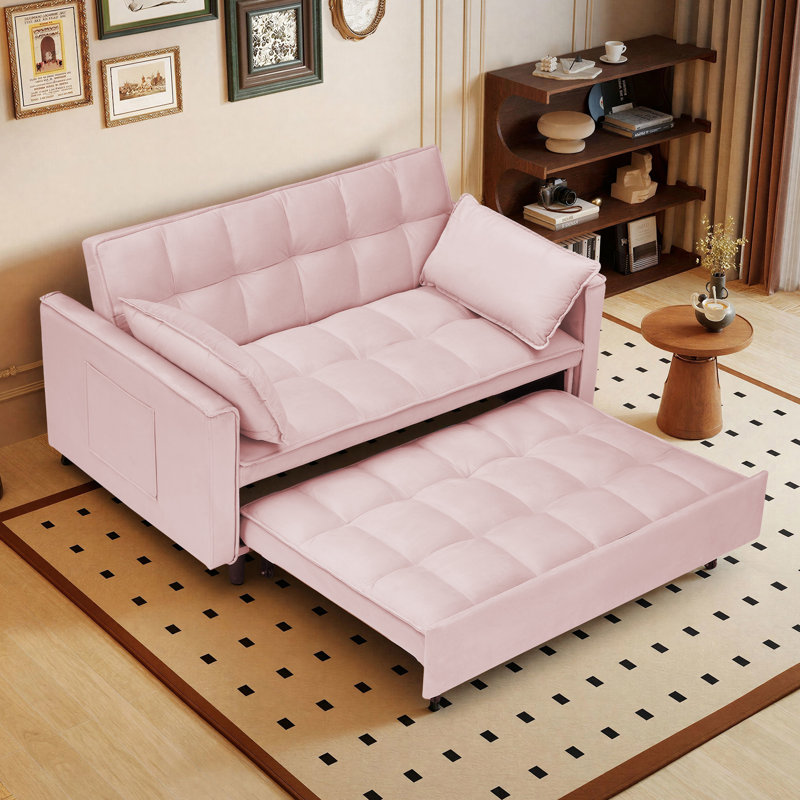 55'' Velvet Upholstered Reclining Convertible Sleeper Pull Out Sofa Bed with Side Storage Pockets, Multi-Functional Adjustable Backrest Couch