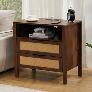 26.4'' W 2-Drawer Boho-Style Nightstand With Charging Station