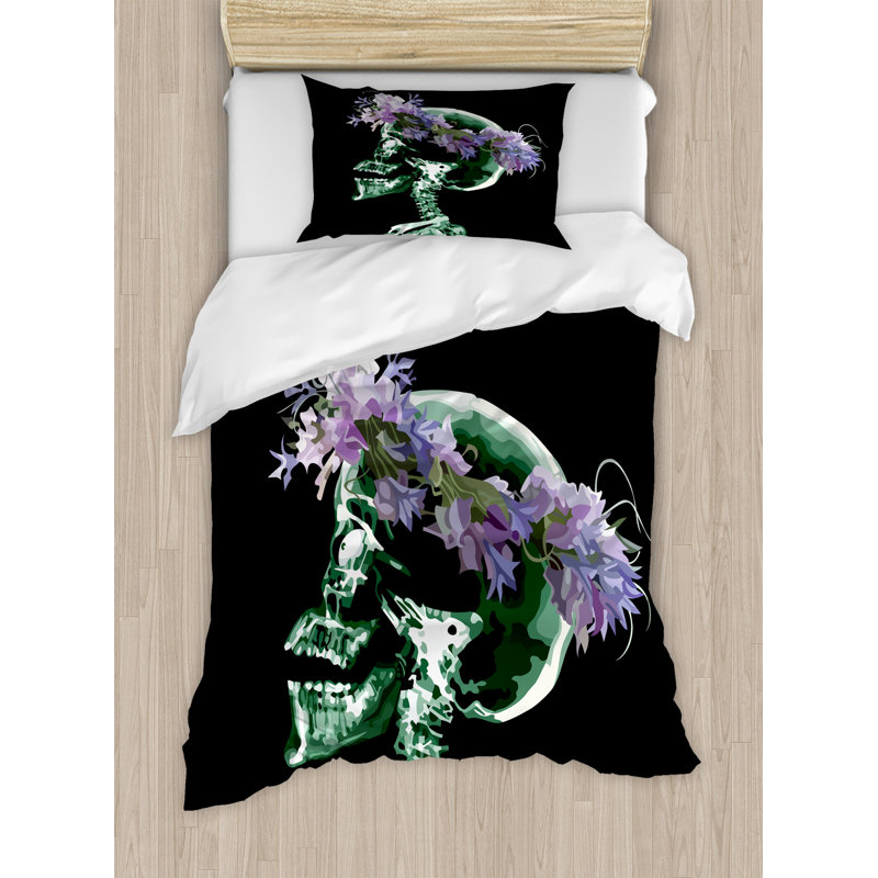 Twin Size Black and Purple Skull Duvet Cover Set