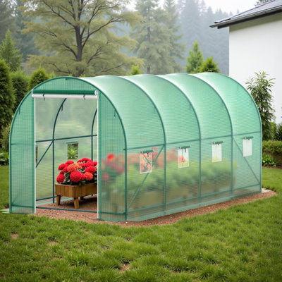Serres d'extérieur robustes, serre portative 15 x 7 x 7 pi pour l'hiver avec système d'arrosage, 8 fenêtres à écran ventilé et serre en tunnel renforcé à cadre en acier renforcé