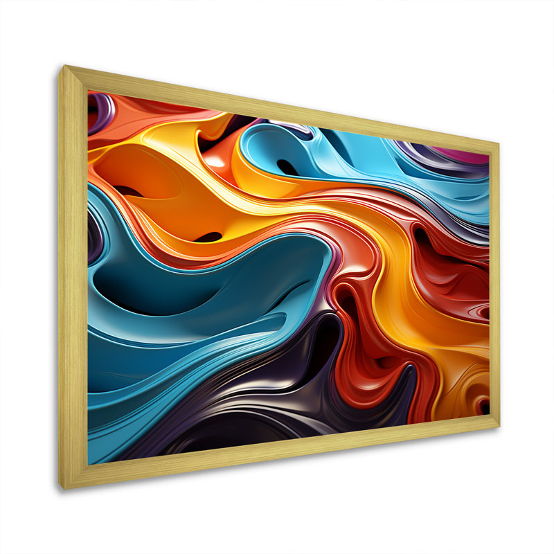 Multicolore Op Art Mirage fluide sur toile, Cadre doré simple, H 16 po x l 32 po x P 1 po