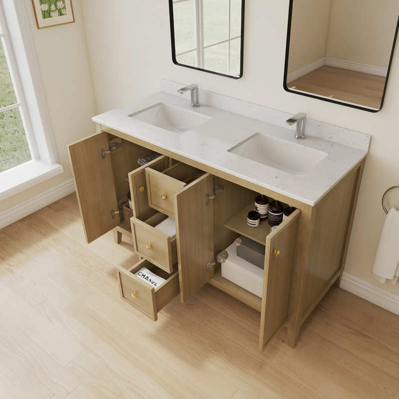 54'' Fully Assembled Freestanding Double Bathroom Vanity With White Granite Top, 54"
