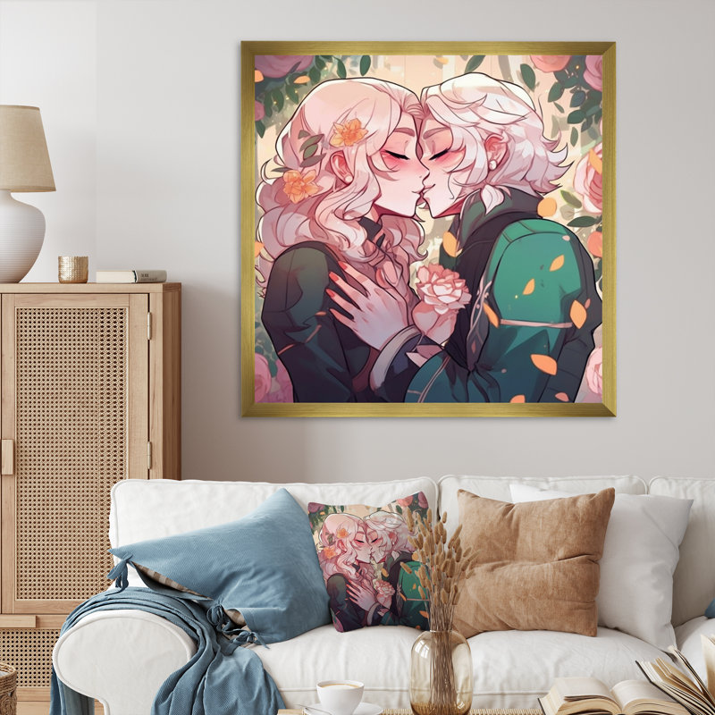 Couple d'anime Dancingtender rose - Couple de décoration murale, H 24 po x l 24 po x P 1 po, Cadre photo doré simple