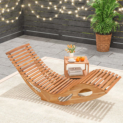 Outdoor Chaise Lounge With High Back Slatted Seat Stopper Outside Wood Rocker