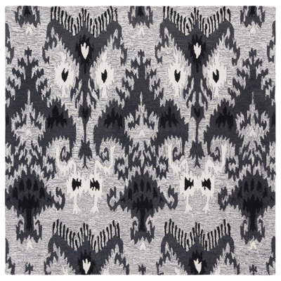 Tapis noir / gris en laine / coton touffeté à la main Ikat