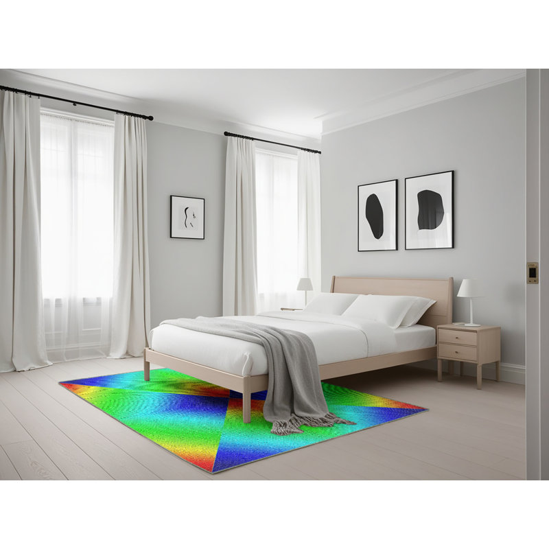 Laine tissée à la machine abstraite à la machine et polyester bleu/vert/rouge Tapis décoratif, Rectangle 5 pi x 7 pi