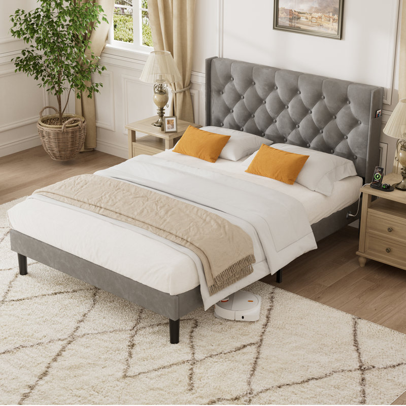 Upholstered Bed Frame with Diamond Button Tufted Headboard, Grey, Double (4'6)