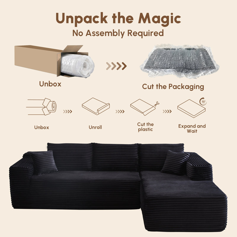 Canapé modulaire en velours côtelé avec causeuse et méridienne 3 pièces sans assemblage Seren, Orienté à droite, Noir
