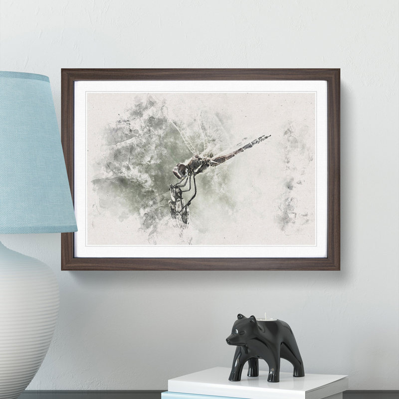 Perched Dragonfly - Framed Print, 24cm H x 33cm W x 2cm D, Walnut Framed