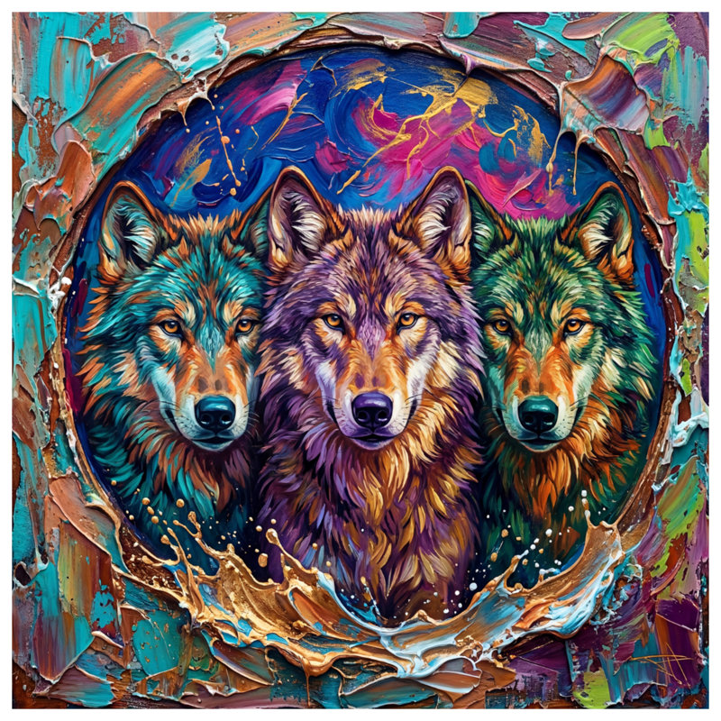 Tapisserie murale «Three Wolves» - loups, décoration murale, 68in H x80in W with 4 Grommets