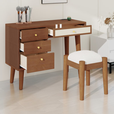 Retro Bohemian Vanity Set Featuring Charging Station, USB Port, Stool, 3 Storage Drawers and Rattan Drawer