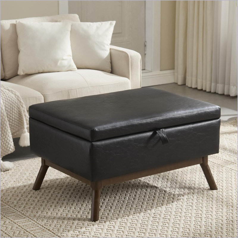 Repose-pieds avec rangement de style Mid-Century moderne de 31,5 x 23,23 x 17,72 pour vestibule de salon | Noyer brun | Cadre en bois massif