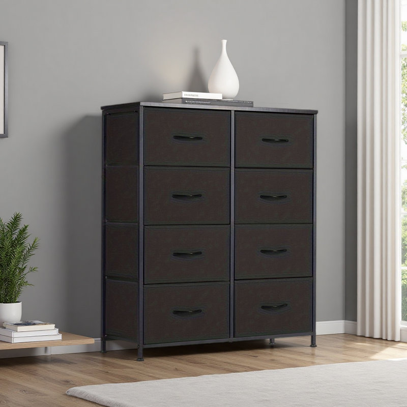 Dresser For Bedroom With 8 Drawers Tall Dresser & Chest Of Drawers Fabric Dresser With Wood Top And Sturdy Steel Frame, Black