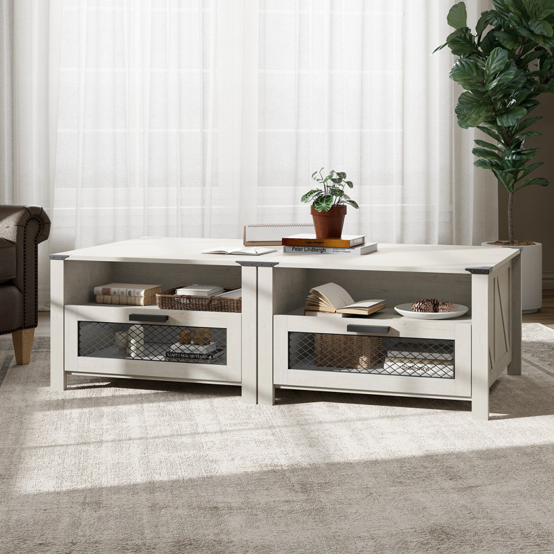 2 Pack Coffee Tables For Living Room, Drawer Coffee Table With Storage,Square Accent Furniture With 4 Compartments Open Shelf,Antique White