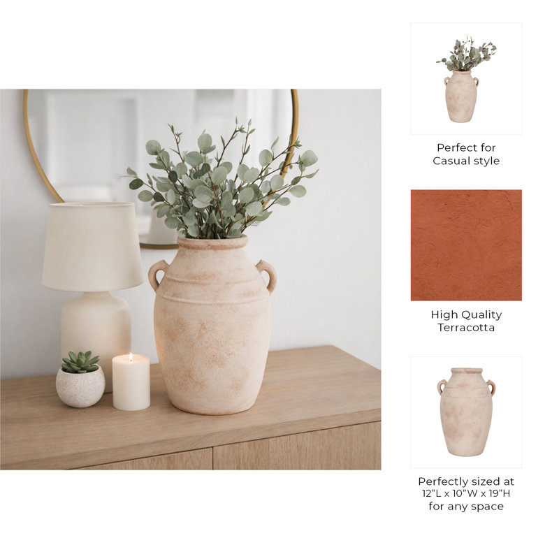 Sagebrook Home 19" Weathered Terracotta Vase, Ivory/Natural, 19" H x 12" W x 10" D