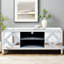 Meuble télé avec miroir de 65 pouces et plus, argent avec rangement ouvert et 2 armoires, support moderne pour accessoires de salon pour téléviseur, espace de rangement, caractéristique