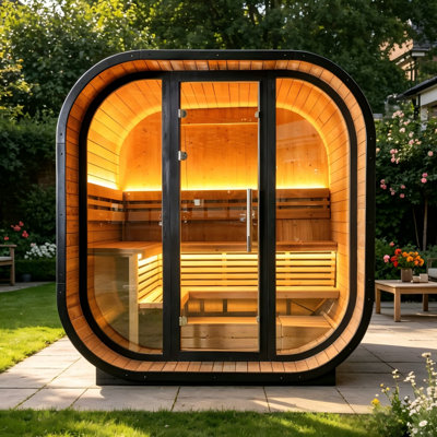 6 Person Outdoor Square Sauna, Premium Thermo Spruce Wood with Tinted Glass Door