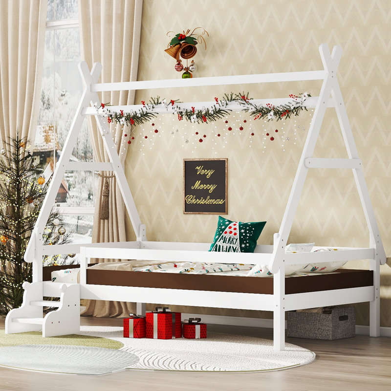 Lit plateforme simple avec escalier, structure de lit simple en bois massif, profil bas et design amusant enfantin, Blanc