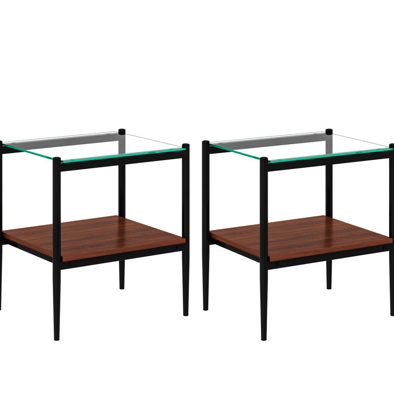 Table de bout moderne H 21,54 po, verre trempé et table fonctionnelle de l 15,2 po avec finition élégante, Brun, Noir