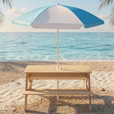 Children's 3-in-1 outdoor wooden picnic table, grey finish. Converts for sand and water play. Includes an umbrella. Certified to ASTM and CPSIA standards.