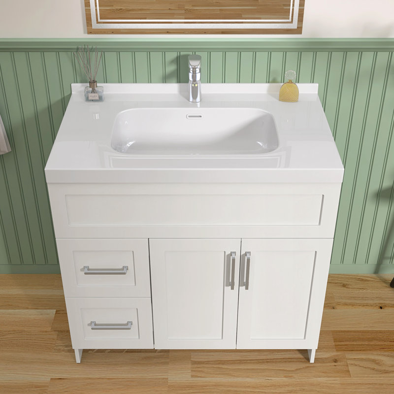 Meuble-lavabo de 36 po sans lavabo supérieur, base d'armoire seulement, rangement de salle de bain avec 2 tiroirs, conception à deux portes, imperméable, résistant aux taches, non assemblé