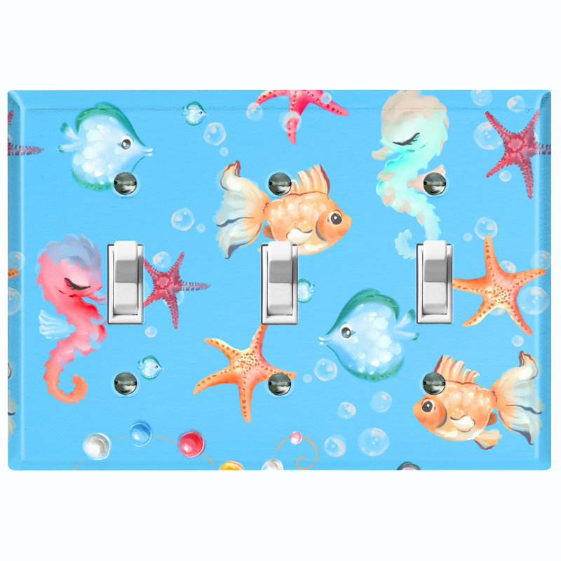 Mermaid Ocean Star Fish Bubbles Blue 3 - Gang Toggle Light Switch Standard Wall Plate