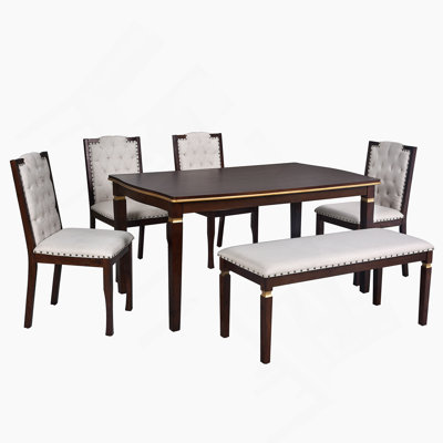 Ensemble de salle à manger élégant 6 pièces avec table rectangulaire, 4 chaises capitonnées à haut dossier et banc pour des repas familiaux confortables