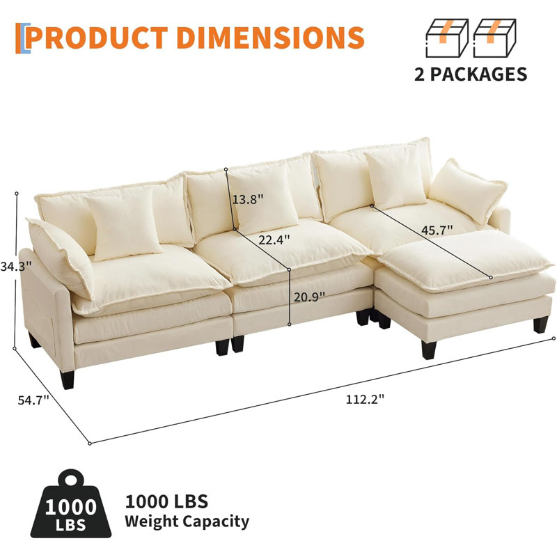 112" Modular Sectional Sofa, L-Shape Cloud Couch/Deep Seat/Armrest/Plush Corduroy Fabric, No Assembly Required, Space-Saving, 170 Pounds Boneless Compression Sleeper Sofa For Living Room