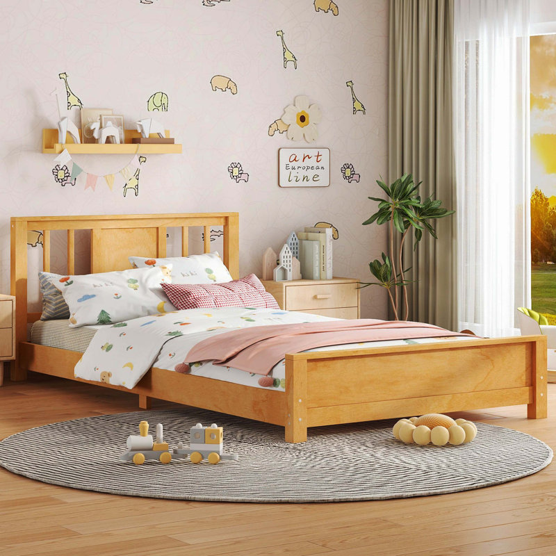 Structure de lit plateforme simple en bois massif avec tête de lit, lit de plancher à profil bas avec lattes de soutien, naturel