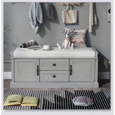 2-Drawer 2-Cabinet Storage Bench with Removable Cushion – Gray Wash Finish, Shoe Bench for Entryway/Hallway