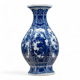 Hexagonal Porcelain Vase with Floral and Bird Motif Blue and White