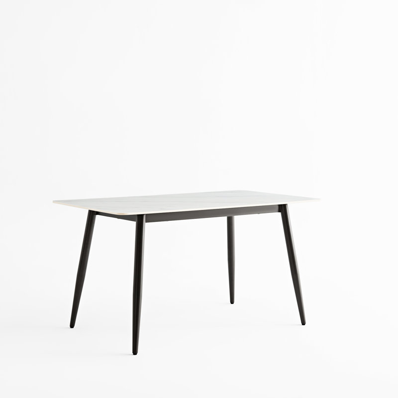 Grande table de salle à manger rectangulaire de 1,4 m, support en métal, surface en céramique blanche, chaleur et égratignure, bord arrondi, pieds élégants, design minimaliste, base moderne à installation rapide, plateau de table, résistance, or noir