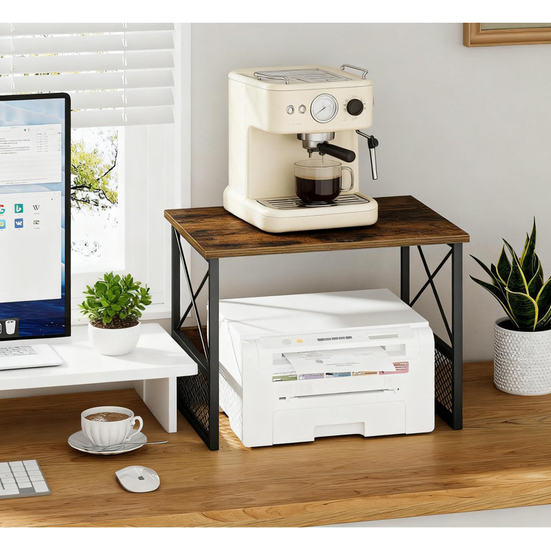 Support d'imprimante pour bureau avec étagère, organisateur de bureau en métal et en bois robuste pour bureau à domicile, support pour imprimante sous le bureau