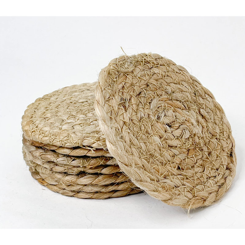 Cotton Round 8 Piece Coaster Set, Natural Jute