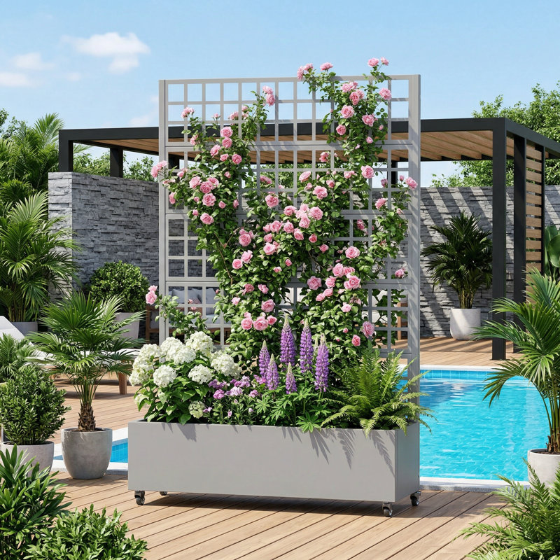Boîte à fleurs en métal avec treillis et roues Conall, Gris, H 73 po x l 47 po x P 16 po