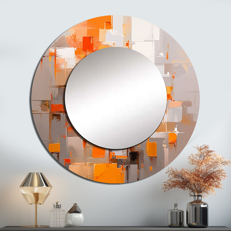 Orange brun brisé réalités - miroir unique cubique, grand miroir mural rond moderne, impression d'art en métal, 23 po x 23 po
