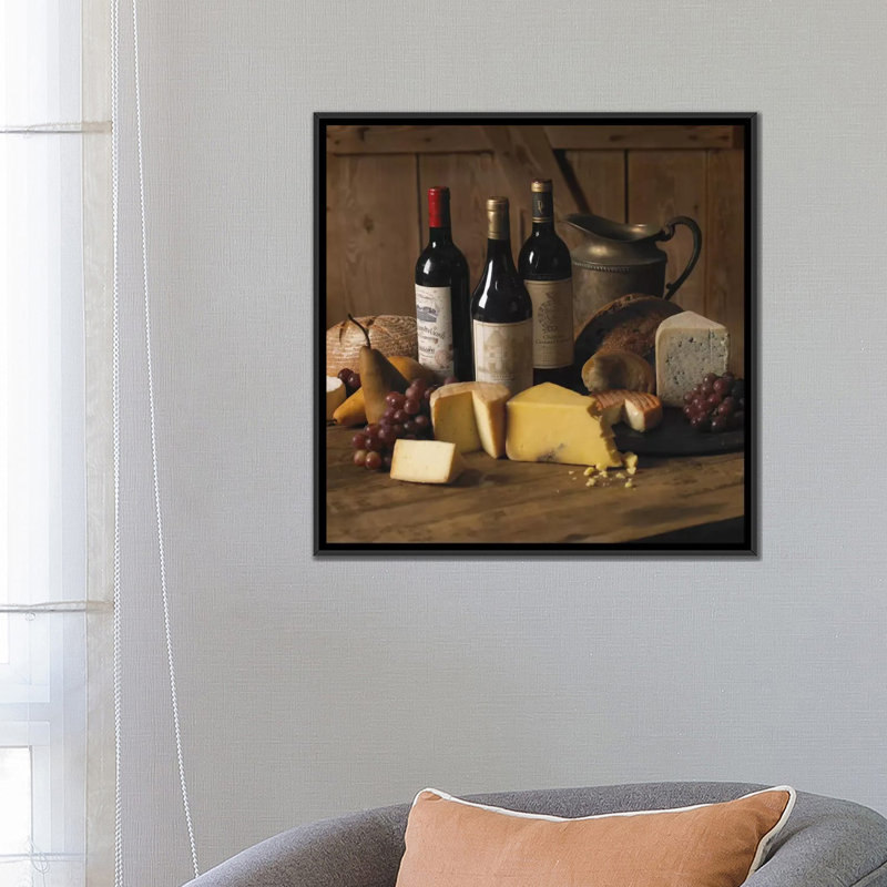 «Wine & Cheese» par Michael Harrison, reproduction sur toile tendue sur châssis, H 26 po x l 26 po x P 1,5 po, Pas de tapis