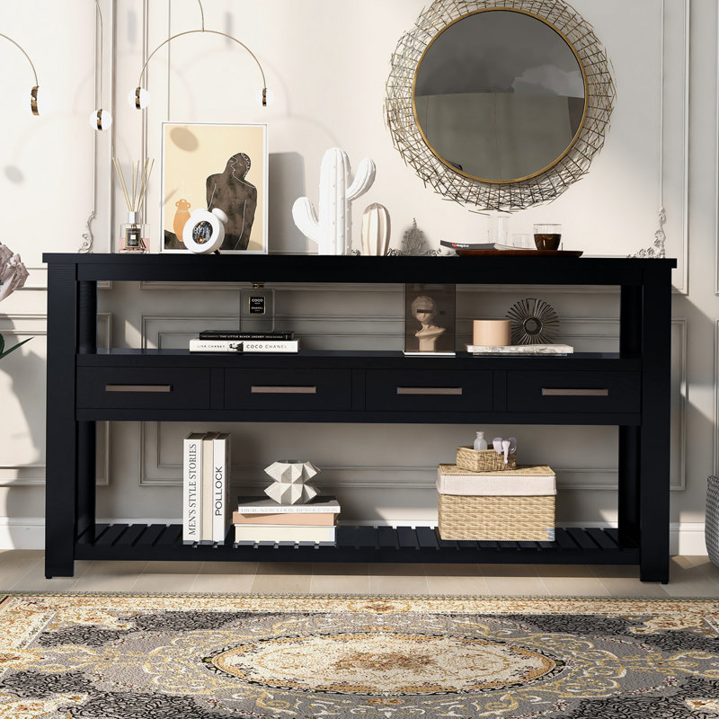Console de 62,2 po avec 4 tiroirs et 2 tablettes en bois, Noir