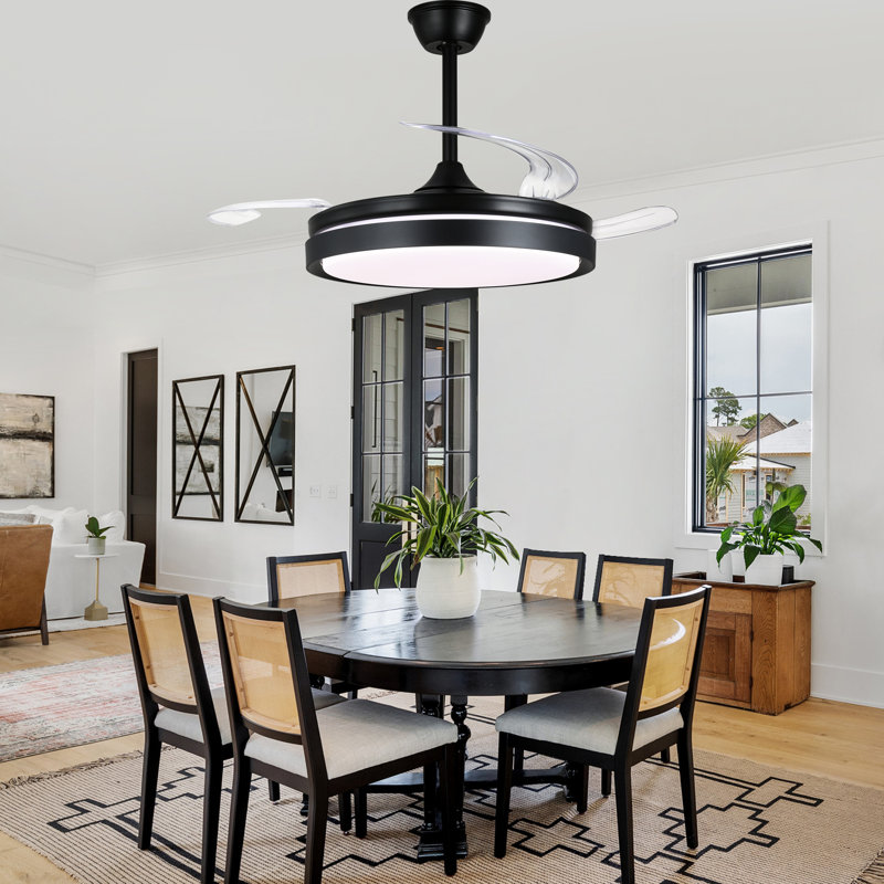 42 Inch Retractable Ceiling Fan With Lights, Modern Silent DC Motor 6 Speeds Chandelier Ceiling Fan For Bedroom, Black, Clear