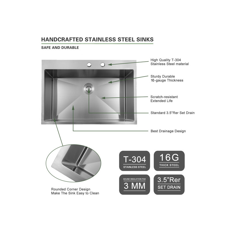 Évier de cuisine 36 po x 22 po x 9 po à cuve simple encastrable 36 po en acier inoxydable de calibre 16
