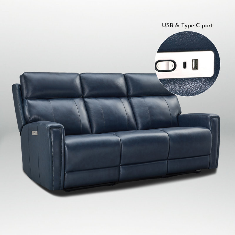 Emlin Harnish 3 Seater Living Room Sofa Genuine Power Reclining Sofa with Cup Holders, Navy Blue