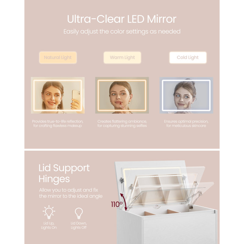 23.7"W Choinski 5-Drawer Dresser With Vanity Mirror And Lights, Touch Control Adjustable Lights, For Closet