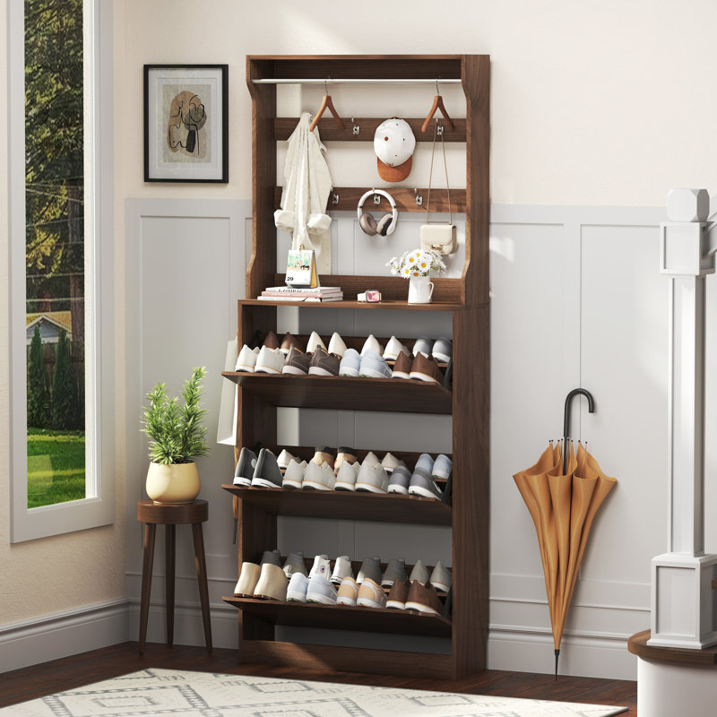 Armoire de rangement pour chaussures 24 paires, 3 tiroirs rabattables, tablettes réglables et 9 crochets - Rangement pour entrée peu encombrant