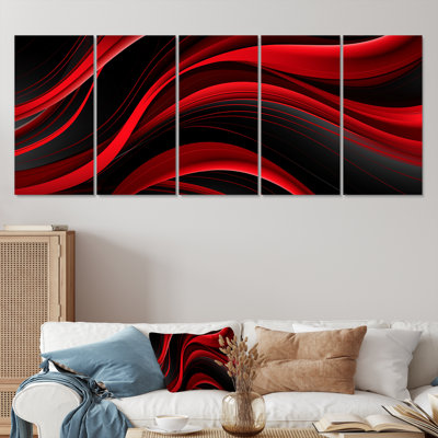 Happy Streams Minimal Red Black - Abstract Modern Waves Wall Art Decor Set 5 Piece