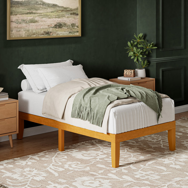 Lit plateforme en bois massif avec ensemble de lattes Avelyn, Lit simple, Naturel, 12''