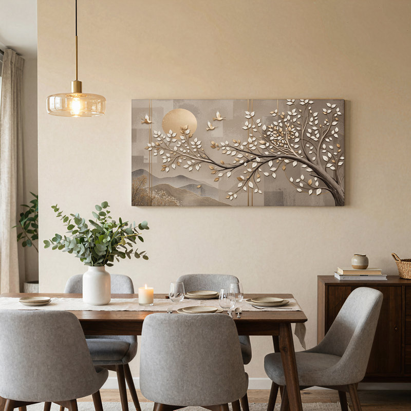 Branche d'arbre stylisée avec oiseaux et toile blanche et dorée, 40“W x 20”H