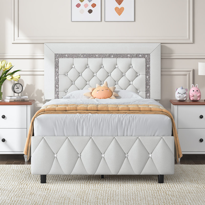 Alber Faux Leather Diamond Tufted Platform Bed - Headboard Included, Twin, White