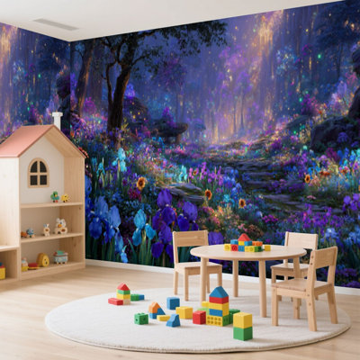 Peel and Stick Wallpaper 100" L x 144" W Modern Self Adhesive Wall Mural for Bedroom - With Fantasy Floral Landscape Golden Woodland Glow Print